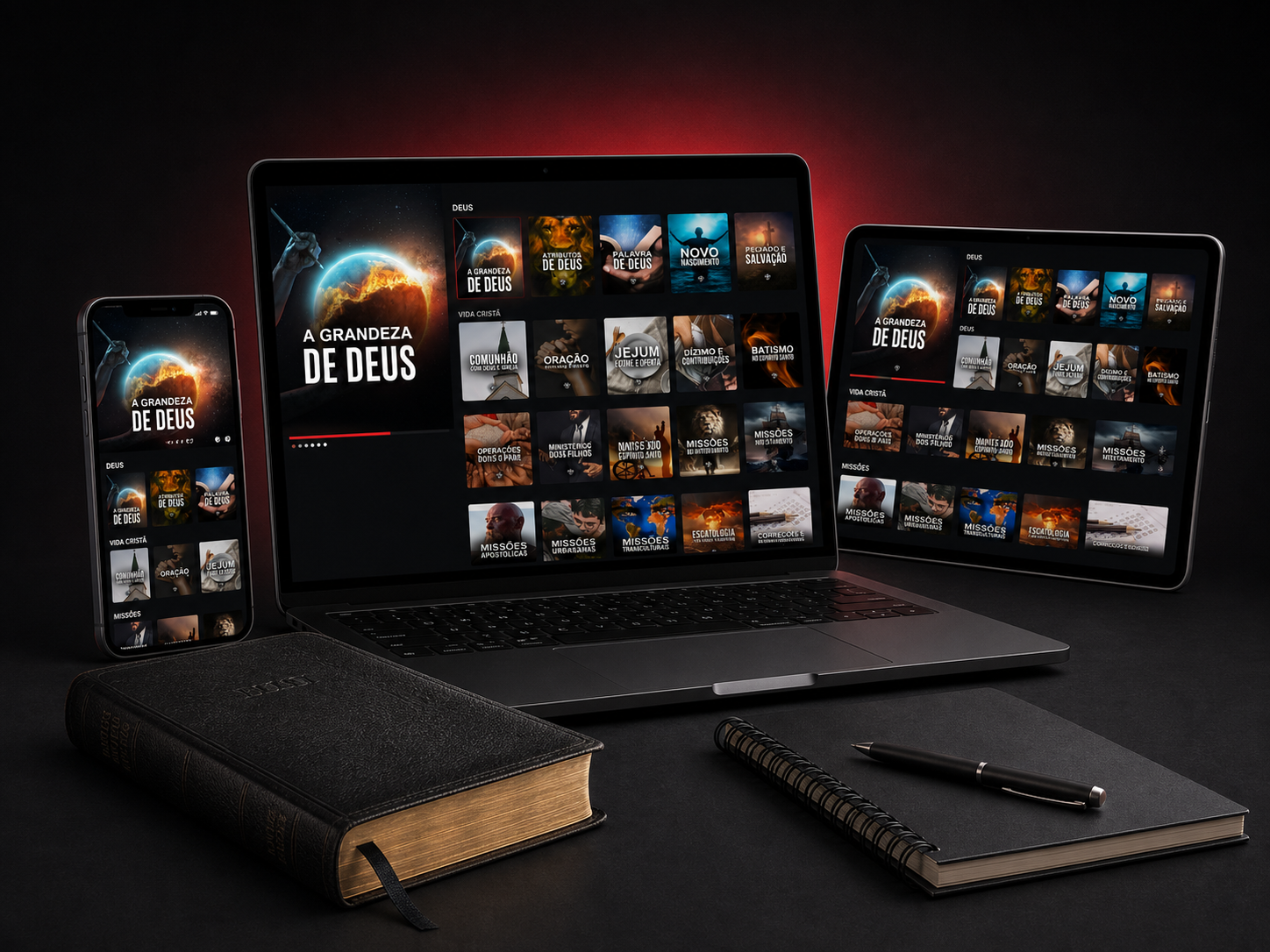 Plataforma Netflix da Bíblia aberta em celular, notebook e tablet