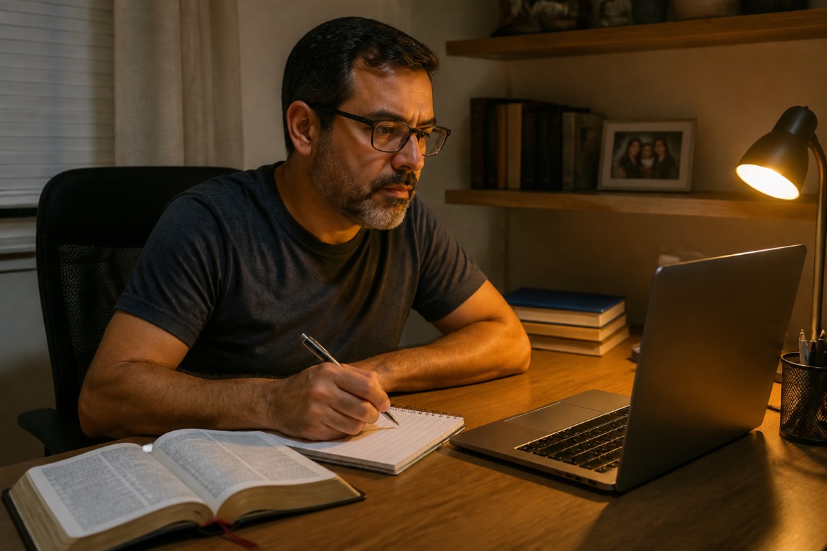 Cena ilustrativa de um aluno estudando a Bíblia pelo computador