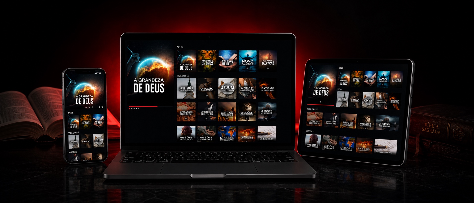 Notebook, celular e tablet exibindo a plataforma Netflix da Bíblia